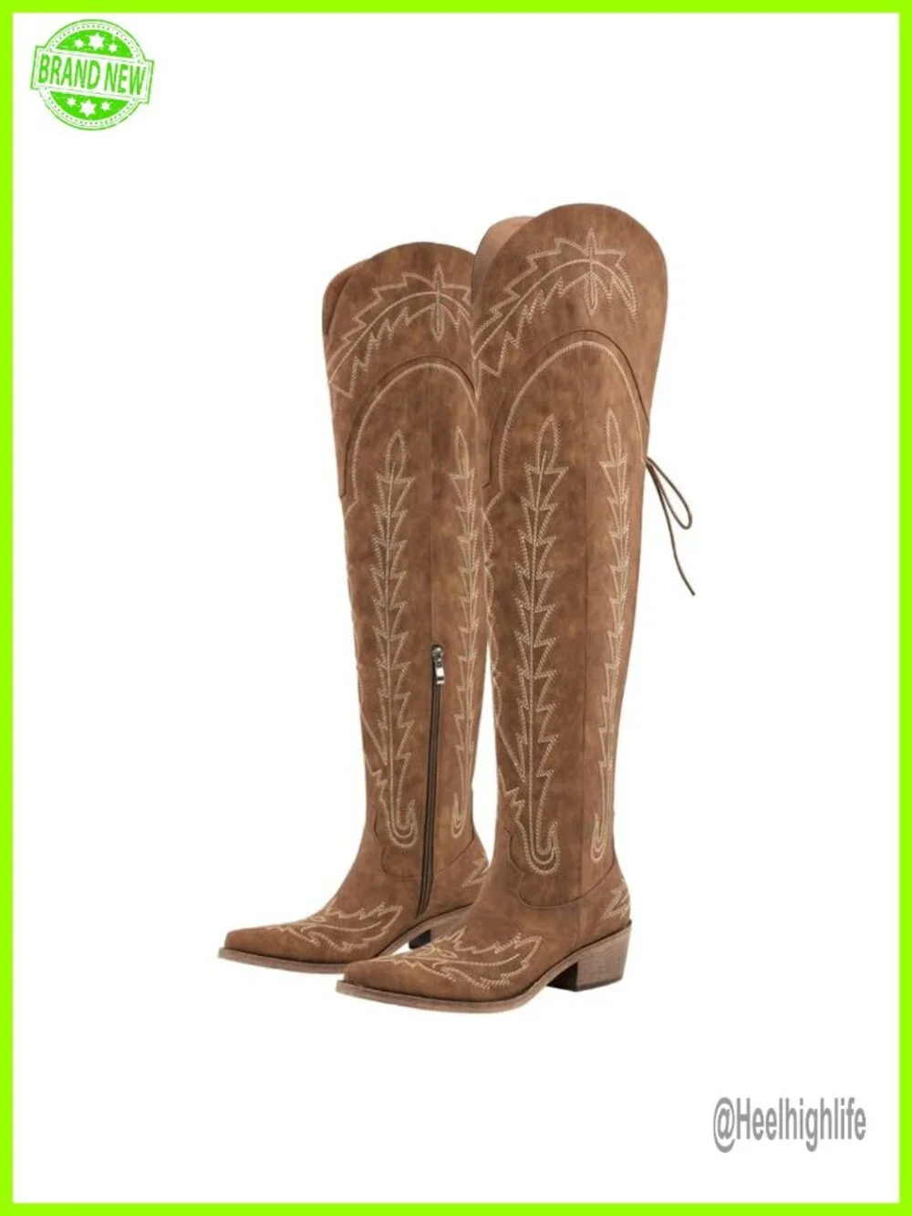 Thigh High Wide Calf Cowgirl Boots Lace Up Embroidered Chunky Heel